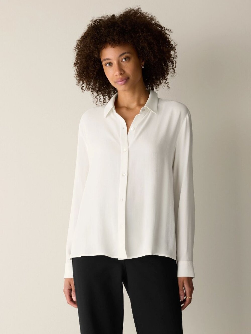 NWT Eileen Fisher Silk Georgette Crepe Classic Collar Shirt in Ivory Size Large